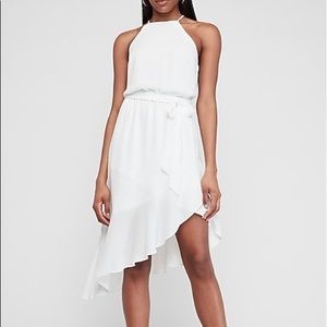 High Neck Asymmetrical Ruffle Wrap Midi Dress
